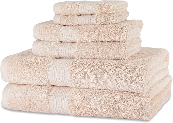 Amazon Basics Fade-Resistant 100% Cotton Bath, Hand and Washcloth Towel Set, 30 x 54 inches, Blush Pink, Set of 6