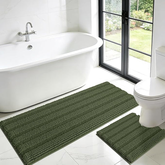 ACCUMTEK Christmas Striped Olive Green Toilet Bathroom Rug Mat Set 2 piece Rug Ultra Soft, Non Slip Chenille Bath Rugs, Absorbent Plush Shaggy Bath Mats for Bathroom, Bedroom, Kitchen, Shower, Tub