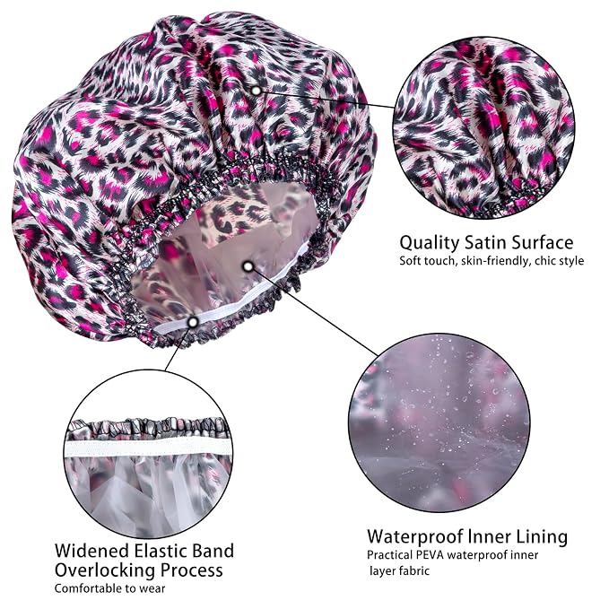 Shower Caps for Women, 4 PCS Reusable Waterproof Bath Cap | Double Layer, Washable, Wide Elastic Band, Holds Long Hair, Caps for Bath Accessories, Spa, Travel Home - Printed Color