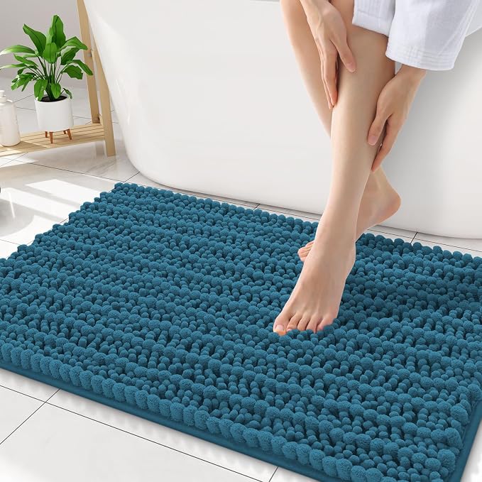 Smiry Bathroom Rugs 34X21, Extra Soft Rubber Backing Chenille Bath Mats | Peacock Blue Machine Washable Non Slip Quick Dry Bath Mats for Bathroom Floor, Tub, Shower, Home Decor Accessories