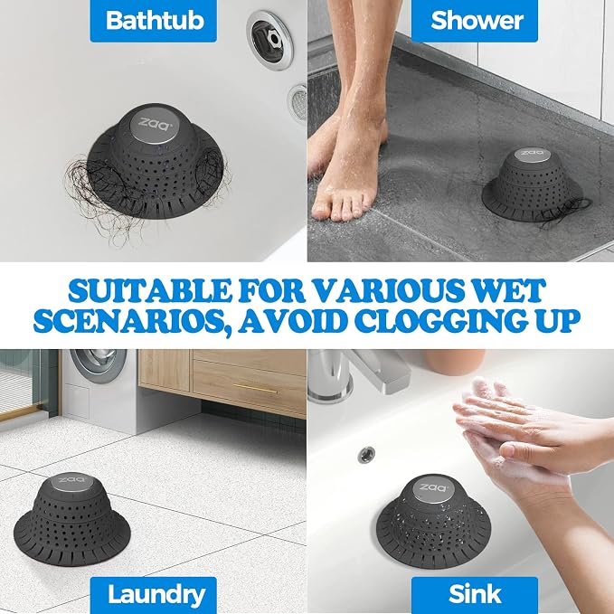 Shower Drain Hair Catcher Bathtub Drain Strainer Sink Drain Protector | Collapsible Pop-Up Drain Hair Catcher, Traps Hair & Prevents Clogs, Bathroom Fixture Accessories, Black, 2-Pack