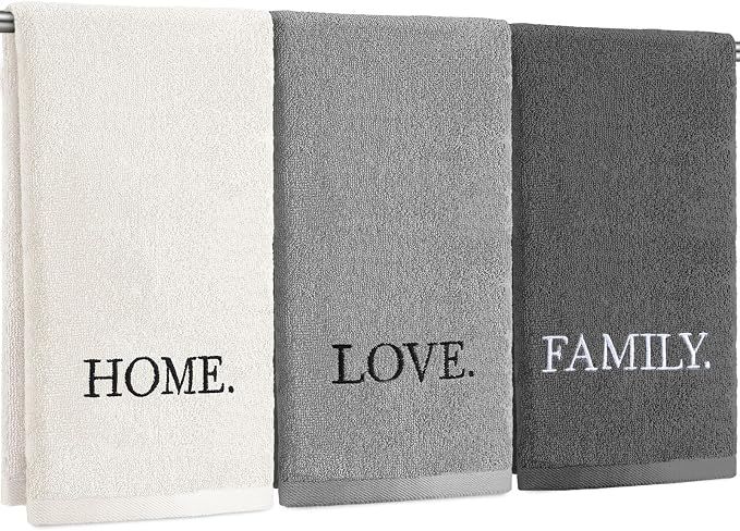 3 Pcs Hand Towels Bathroom Set,Gray,Home Love Family | Embroidered Cotton Farmhouse Towels, Kitchen Decor, Rustic Boho Decorative with Text Labels, Guest Bath Home