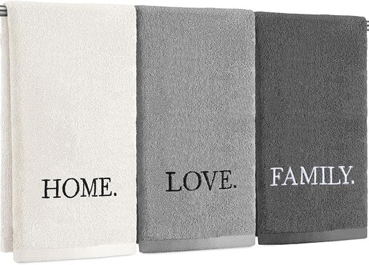 3 Pcs Hand Towels Bathroom Set,Gray,Home Love Family | Embroidered Cotton Farmhouse Towels, Kitchen Decor, Rustic Boho Decorative with Text Labels, Guest Bath Home