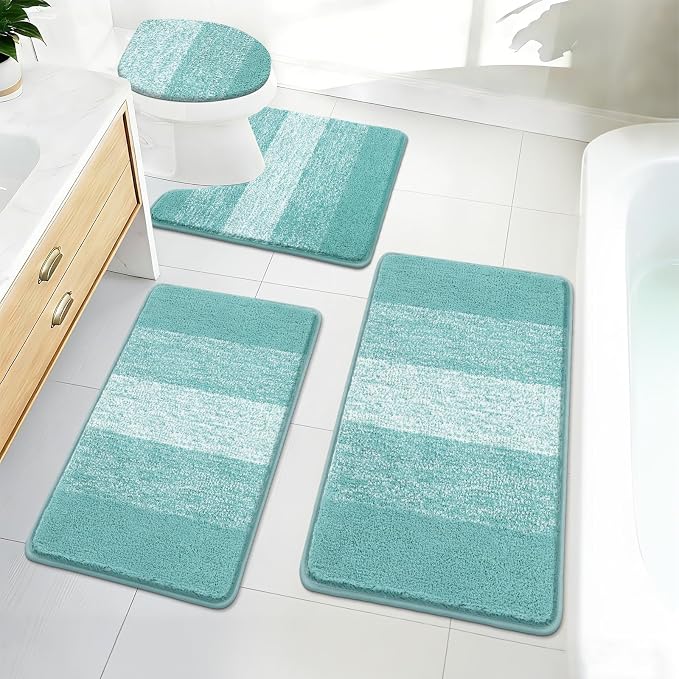 Bsmathom Bathroom Rug Set 4 Piece, Plush Microfiber Bath Mat, Teal | Super Water Absorbent, Non Slip Machine Washable Bath Rug Sets with Toilet Lid Cover and U-shaped Contour Toilet Mat