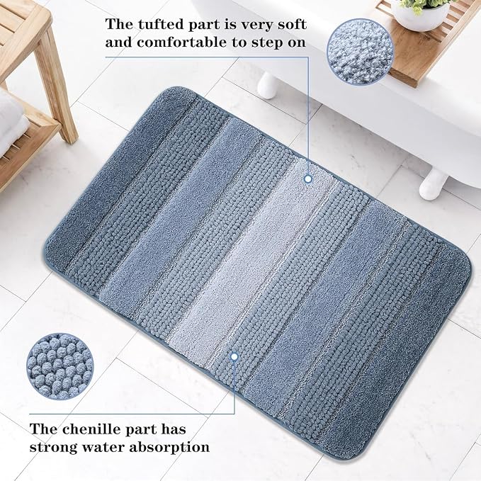 Kmson Ombre Chenille Bathroom Rugs, 24"x36" Non-Slip Bath Mat for Shower Floor & Bathtub, Ultra Soft Washable Shaggy, Fluffy Thick Water Absorbent Microfiber Blue