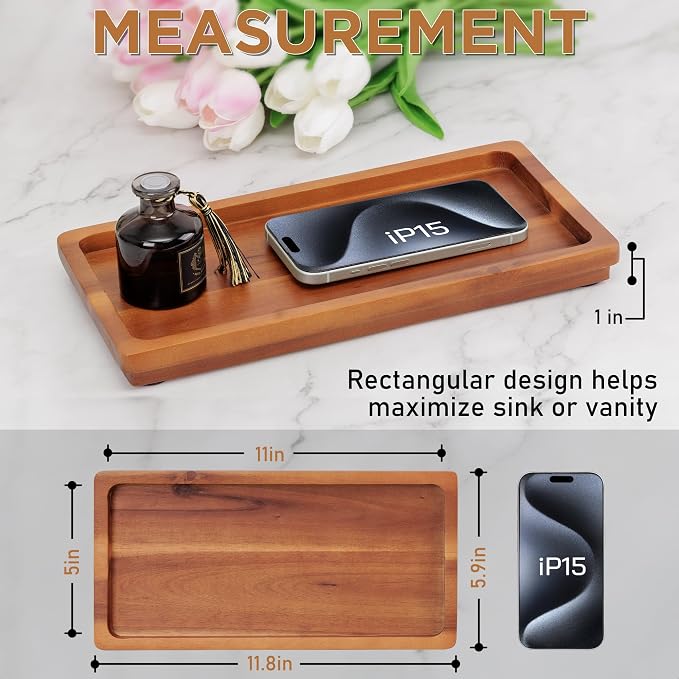 Demigo Bathroom Vanity Tray, Natural Acacia Organizer Tray, 11.8 x 5.9 in | Wooden Countertop Holder for Cosmetics Jewelry Candle & Keys, Decorative Tray for Toilet Tank, Kitchen & Sink Decor