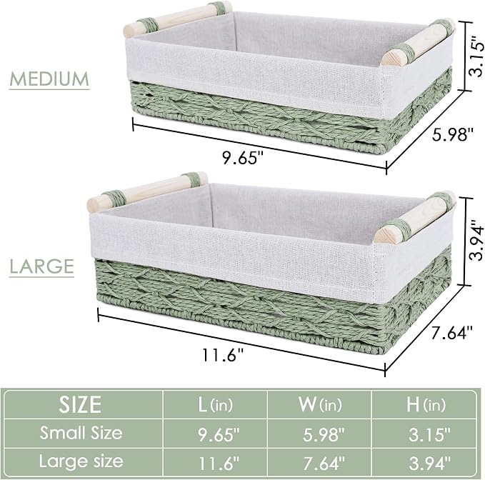 Wicker Storage Basket with Wooden Handle – Paper Rope Decorative Toilet Paper Baskets & Bathroom Organizer for Toilet Tank Top, Shelves, Bedroom, Countertop,Home,Office Storage Bins, 2 Pack,Sage Green