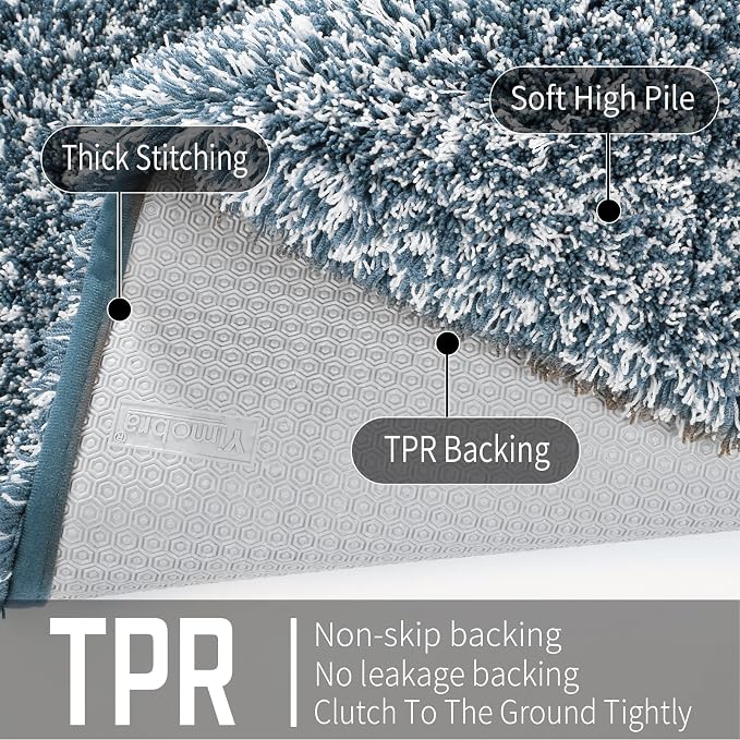 Yimobra Bathroom Rugs Non Slip Washable 36X24, Ultra Soft and Water Absorbent Bath Mats, Plush Fluffy Shower Mat Outside, Luxury Microfiber Thick Matts for Bathroom Floor/Tub, Denim Blue and White