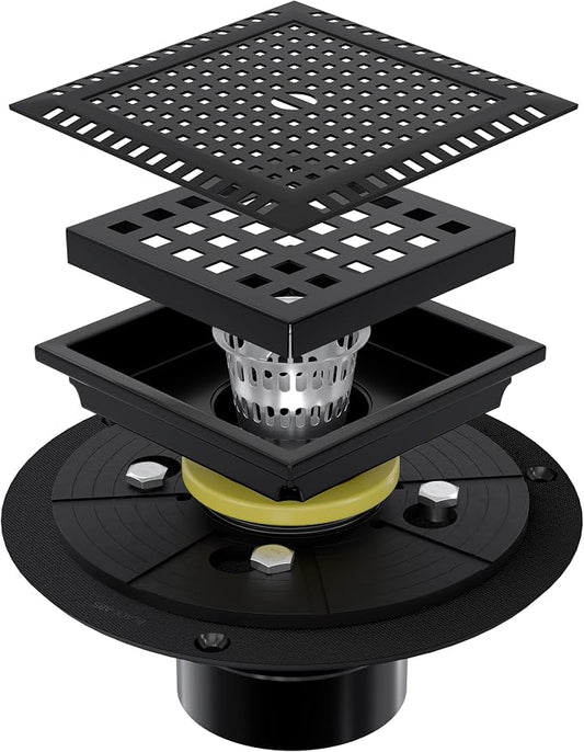 4 Inch Square Black Shower Drain Kit with Flange & Lifting Hook, Modern Floor Drain with Removable Quadrato Pattern Grate, Stainless Steel SUS 304 (Matte Black, 4 Inch)