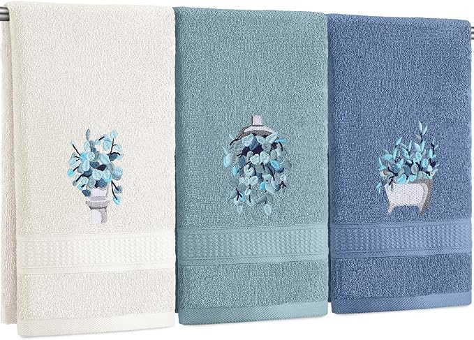 3 Pcs Blue Eucalyptus Leaves Hand Towels Botanical Bathroom Decor | Embroidered Eucalyptus Design, 100% Cotton, Farmhouse Bathroom Kitchen Decor, Absorbent Towels, Holiday Housewarming Gifts