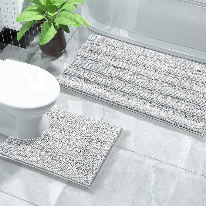 Yimobra U Shaped Toilet Rug Set, Absorbent Chenille, 32x20+24x20, Silver Gray