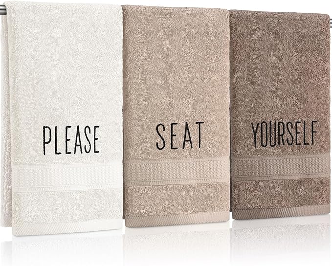 3 Pcs Hand Towels Bathroom Set,Brown,Please Seat Yourself | Embroidered Cotton Farmhouse Towels, Kitchen Decor, Rustic Boho Decorative with Text Labels, Guest Bath Home