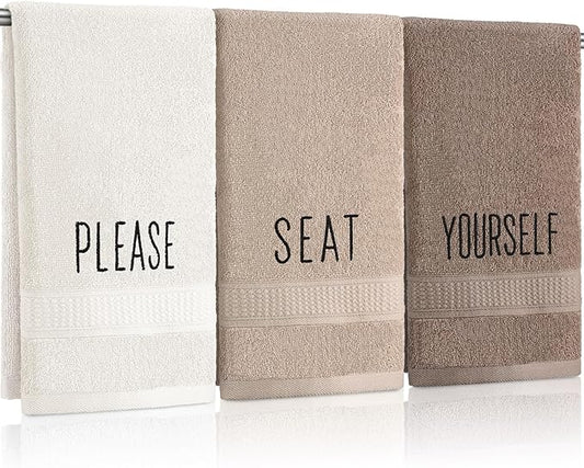 3 Pcs Hand Towels Bathroom Set,Brown,Please Seat Yourself | Embroidered Cotton Farmhouse Towels, Kitchen Decor, Rustic Boho Decorative with Text Labels, Guest Bath Home