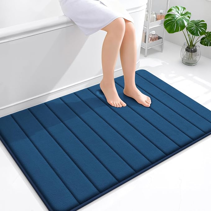 OLANLY Memory Foam Large Bath Mat 44x32, Super Soft Absorbent Bathroom Rugs | Navy Blue, Quick Dry Bath Rug, Machine Washable Shower Floor Mats, Bathmat Carpet for Bathroom Floor, Tub and Shower