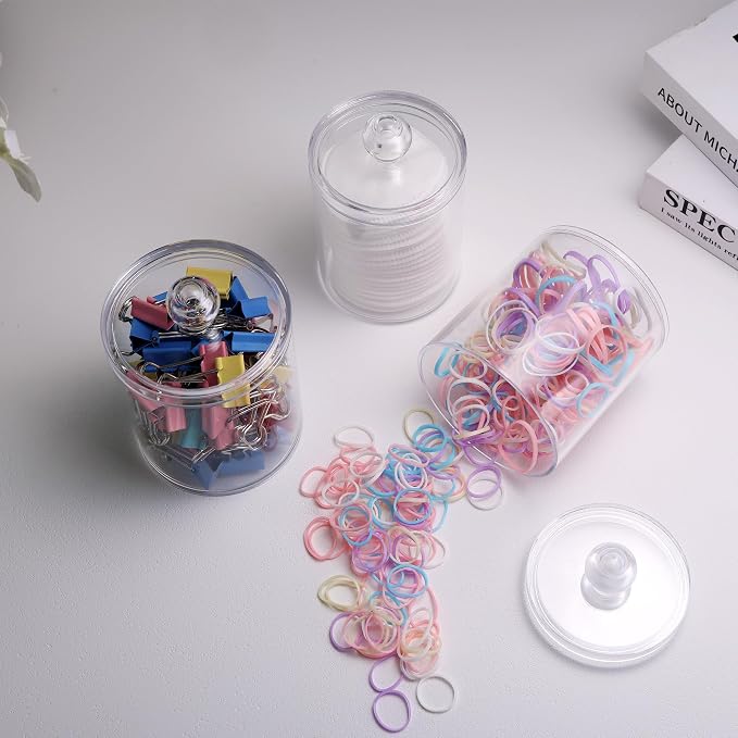 WEISHI 6 Pack Qtip Holder Dispenser -Cotton Ball, Swab, Round Pads, Floss , Small Clear Plastic Apothecary Jar Containers with Lids for Bathroom Storage and Organization, Vanity Organizer