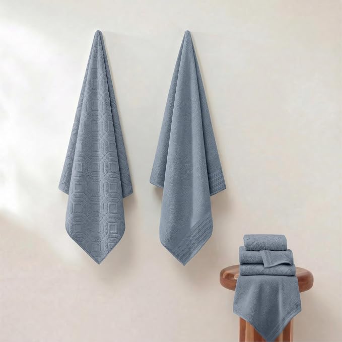 Modern Threads 6 Piece Cotton Bath Towel Set – Ultra Soft 550 GSM Towels – Bathroom Set with Hand Towels and Washcloths – Geometric (Blue)