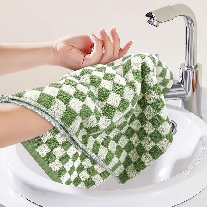 Jacquotha Green Hand Towels for Bathroom Set of 4, Cute Checkered | Bathroom Towels for Kitchen Decor, Lightweight for Bath Face Body