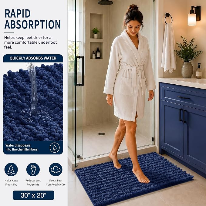 Yimobra Bathroom Rug Set 3 Piece, Super Absorbent Bath Mat Set, Navy Blue | Quick Dry Soft Chenille Bath Rugs & Toilet Rug, Non Slip Machine Washable, Extra Thick Shaggy Floor Mat for Shower Tub Sink