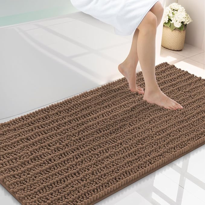 Smiry Bathroom Rugs 47X24, Extra Soft Rubber Backing Chenille Bath Mats | Mocha Machine Washable Non Slip Quick Dry Bath Mats for Bathroom Floor, Tub, Shower, Home Decor Accessories