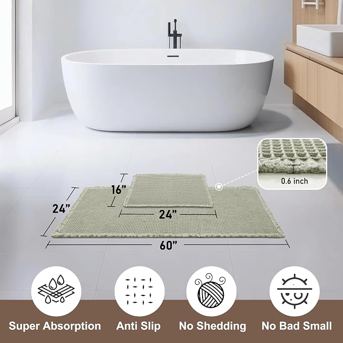 JIUZHEN Set of 2 Waffle Bathroom Rugs Non Slip Bath Mats, 16"x24"+24"x60" | Sage Green, Boho, Absorbent, Washable, Ultra Soft, Fast Drying Bath Rug and Bathroom Runner for Kitchen Hallway Laundry