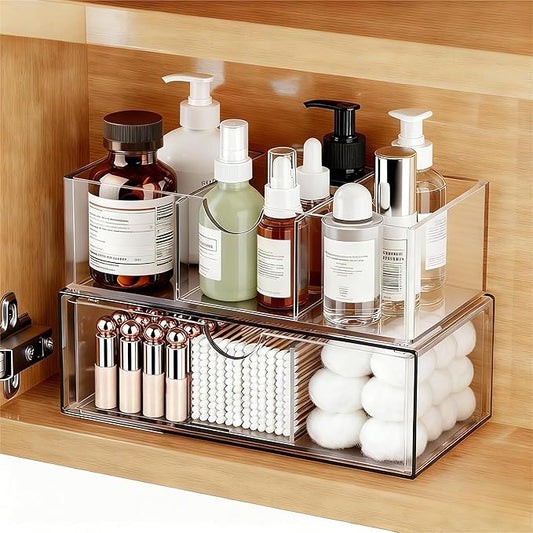 2 Tier Medicine Cabinet Organizer and Storage,Stackable Bathroom Medicine Organizer with Removable Dividers, Plastic Vanity Storage