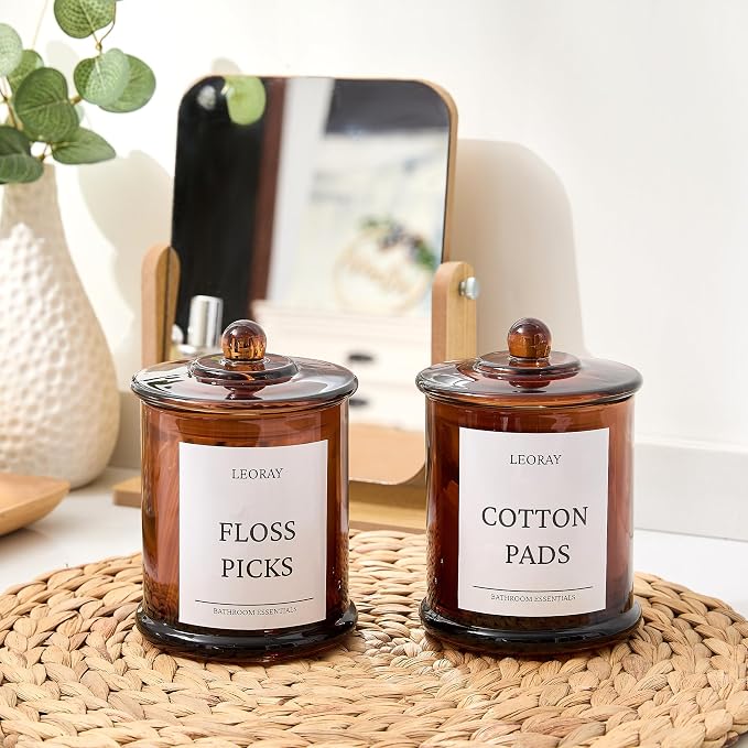 LEORAY 2 Pack Glass Qtip Holder Dispenser with Lids, Airtight Waterproof, 16 Oz Vanity Organizer Bathroom Canisters for Cotton Swabs, Balls, Pads, Floss Picks, Restroom Kitchen Storage Jars, Amber