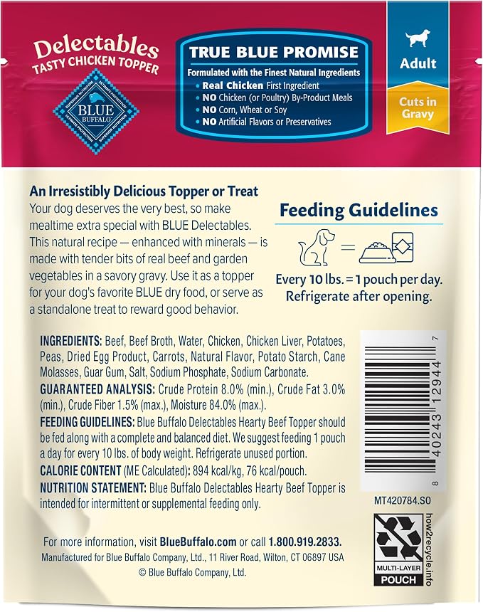 Blue Buffalo Delectables Beef Grain-Free Dog Food Topper, 3 oz, 24 ct | Grain-Free, Real Beef Cuts in Gravy, Single-Serve Pouches, No Chicken By-Product, Corn, Wheat, or Soy