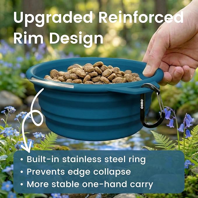 Large Collapsible Dog Bowls, Steel Rim, 27oz, 2pcs, Dark&Light Blue | Portable Pet Water&Food Bowl, BPA-Free Silicone, Foldable, Hiking&Camping Travel Gear, Stable Shape, Easy-Clean