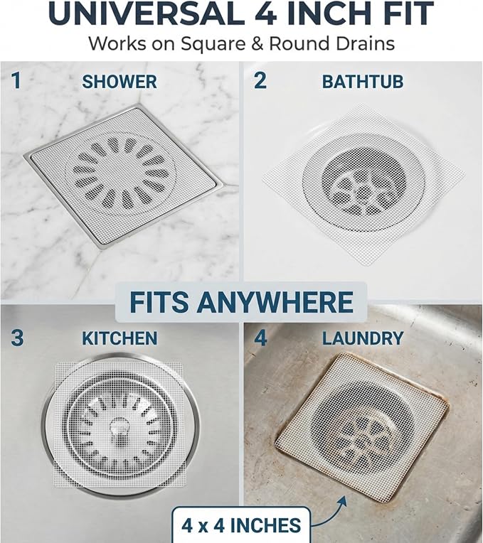 100 Pack Square Disposable Shower Drain Hair Catcher Stickers | Waterproof, For Bathroom Floor, Sink & Bathtub, Easy-Peel, Clog Prevention & Hygiene