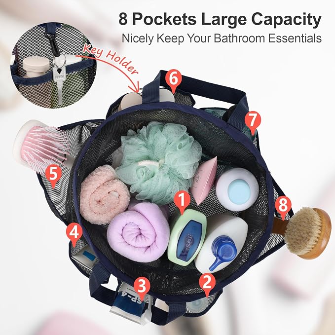 F-color Mesh Shower Caddy Portable with Drawstring - Large 8 Pockets Dorm Room Essentials for Guys Girls with S Hook, Shower Bag Basket Tote for College Camping Gym Travel Toiletry Bathroom, Dark Blue