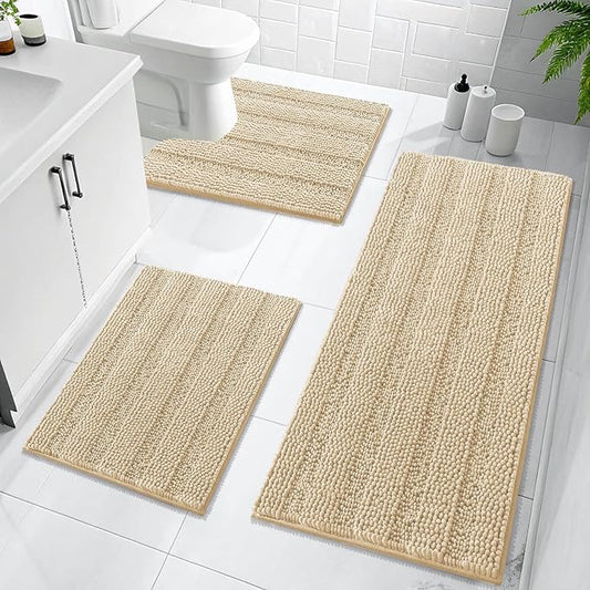 OLANLY Thick Chenille Bathroom Rugs Sets 3 Piece, 47"x20"+24"x16"+24"x20" | Beige, Absorbent Bath Mats and U-Shaped Contour Toilet Rug, Home Decor Accessories, Bath Mat Set for Bathroom