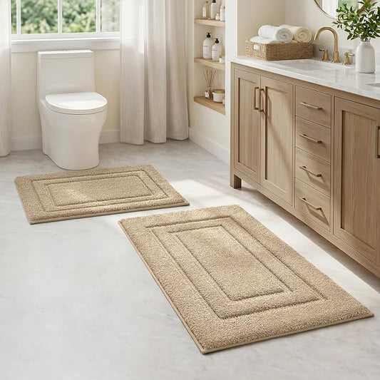 HOMEIDEAS Bathroom Rugs Sets 2 Piece, Soft Non Slip Bath Mat Khaki | Ultra Absorbent, Microfiber Machine Washable Bath Rug Set, for Bathroom, Tub, Shower 20" x 32" + 16" x 24"