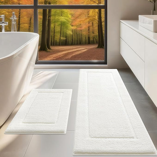 IM HOME Bathroom Rugs Set 2 Pieces,Ultra Soft Thick Plush Fluffy Microfiber Absorbent Bath Mat,Non-Slip Backing, Machine Washable Rug for Bathroom Floor, Tub, Shower (24"x17"+48"x20", Cream White)