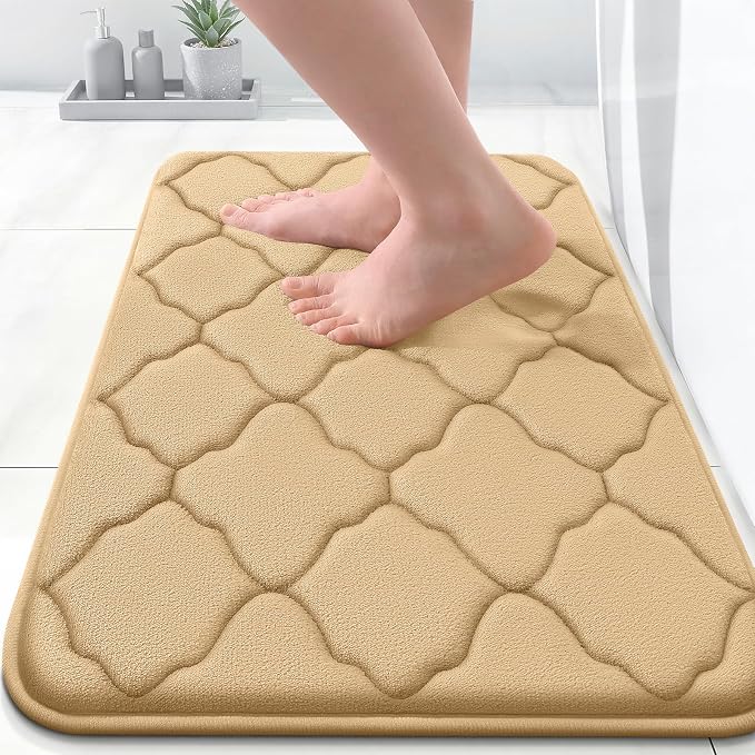OLANLY Memory Foam Bath Mat Rug 24x16, Ultra Soft and Absorbent Bathroom Rugs, Non-Slip, Comfortable, Machine Washable Bath Carpet for Bathroom Floor, Tub, Shower and Home Decor Accessories, Beige | Thick Absorbent Carpet, Non-Slip Backing, Machine Was...