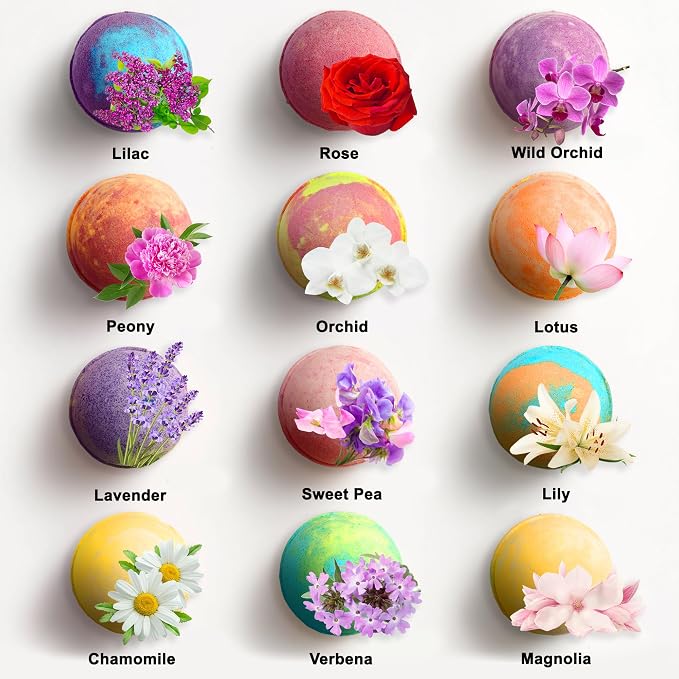 Aqua Elegante Flower Bath Bombs Gift Set - 12 Large Bathbombs for Women with Scented Essential Oils and Moisturizing Shea Butter, No Stain, Natural, Vegan Spa Present for Mom, Wife, Girlfriend