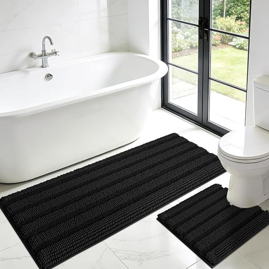 ACCUMTEK Striped Black Toilet Bathroom Rug Mat Set 2 piece Rug Ultra Soft, Non Slip Chenille Bath Rugs, Absorbent Plush Shaggy Bath Mats for Bathroom, Bedroom, Kitchen, Shower, Tub