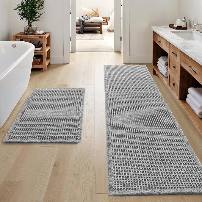 MIULEE Set of 2 Waffle Bathroom Rugs Light Grey Bath Mat 17"x24"+17"x48" | Non Slip, Super Absorbent, Washable, Ultra Soft, Rubber Backed, Small Boho Bath Rug and Bathroom Runner for Floor Tub Shower