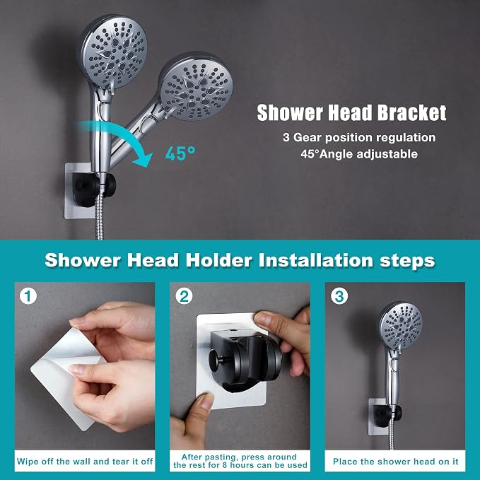 GwernKB Handheld Shower Head Holder with 2 Hanger Hooks,Strong Adhesive&Waterproof No Drilling Wall Mount Shower Bracket for RV and Kids&Elders,Install Any Height&Fix Firmly,Black