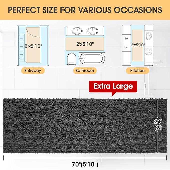 ACCUMTEK Extra Long Upgrade Luxury Grey Bathroom Rug Mat Gray 70"x24", Ultra Soft Thick Absorbent Bath Mats, Non Slip Chenille Toilet Mat for Bathroom, Bedroom, Kitchen, Shower, Tub, Charcoal