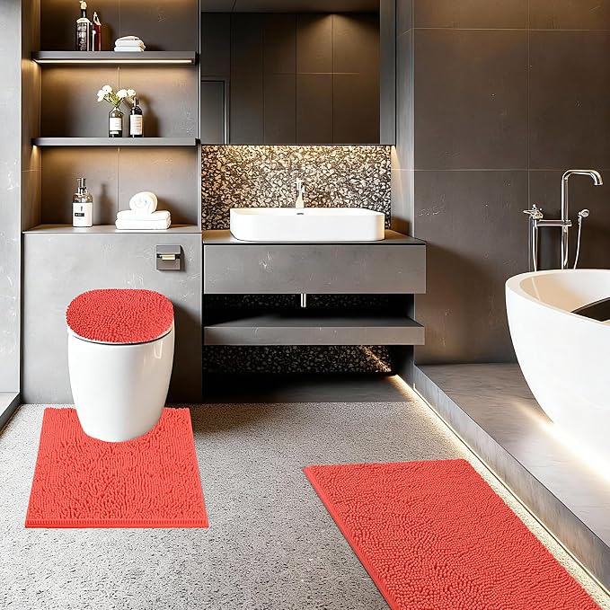 Bathroom Rugs Sets 3 Piece with Toilet Seat Cover 19.5"x 18.5" | Machine Washable Bath Rug Set with Tpr Non Slip Rubber Backing Solid Bath Mat Set for Luxury Bathroom Decoration