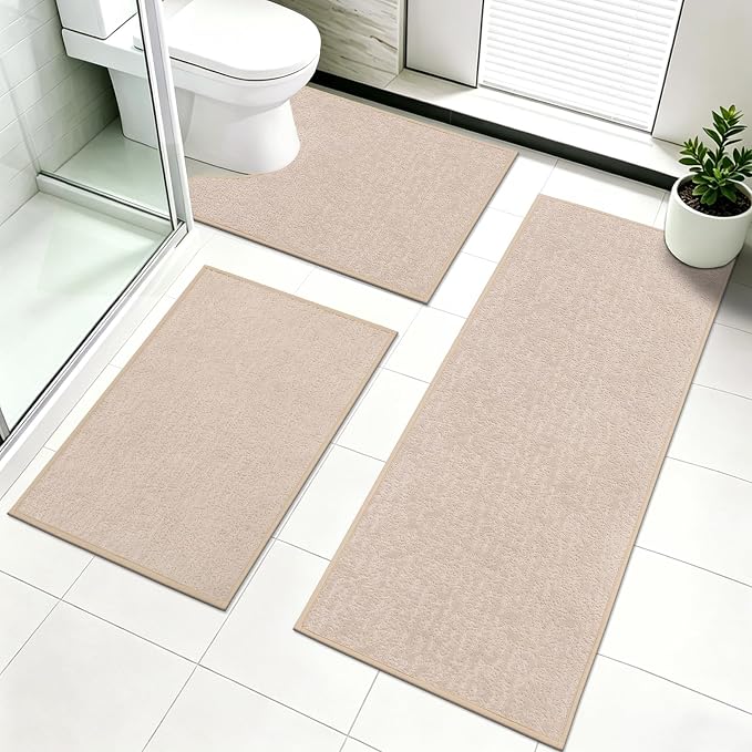 Pauwer Bathroom Rugs Sets 3 Piece, Ultra Thin Bath Mat Set, Beige | Non Slip Washable, Quick Dry, Super Absorbent, U-shaped Contour Toilet Rug, Low Pile, For Floor Sink Shower Room