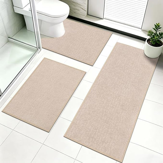 Pauwer Bathroom Rugs Sets 3 Piece, Ultra Thin Bath Mat Set, Beige | Non Slip Washable, Quick Dry, Super Absorbent, U-shaped Contour Toilet Rug, Low Pile, For Floor Sink Shower Room