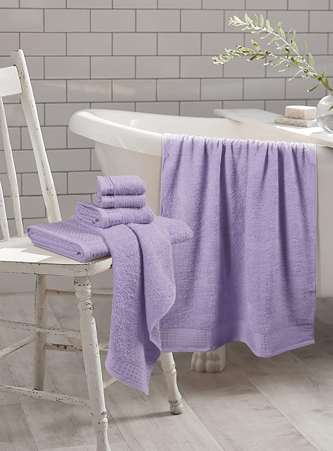 GLAMBURG 100% Cotton Ultra Soft 6 Pack Towel Set, Contains 2 Bath Towels 28x55 Inches, 2 Hand Towels 16x24 Inches & 2 Wash Coths 12x12 Inches, Compact Absorbent Lightweight & Quickdry - Purple