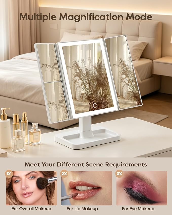 BWLLNI Trifold Vanity Mirror with Lights, Smooth Surface Makeup Mirror | 2X/3X Magnification, 3 Colors Dimmable, 270° Rotation, Height Adjustable Stand with Storage Base