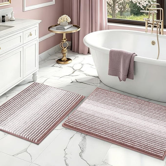Bathroom Rugs Sets 2 Piece, Non Slip Striped Bath Mats, Mauve Brown | 20"x32" Plus 16"x24"，Soft Absorbent Chenille, Quick Dry Machine Washable, Shower Rug for Bathroom Floor, Tub, Bedroom Decor