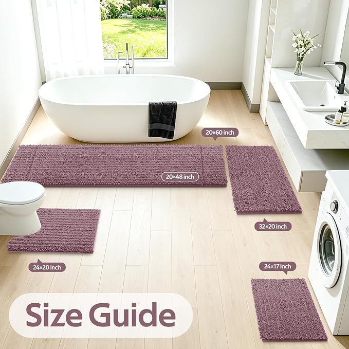 ACCUMTEK Upgrade Extra Large Mauve Bathroom Rug Set 3 Pieces Ultra Soft, Thick Absorbent Bath Mats, Non Slip Chenille Toilet Mat for Bathroom, Bedroom, Kitchen