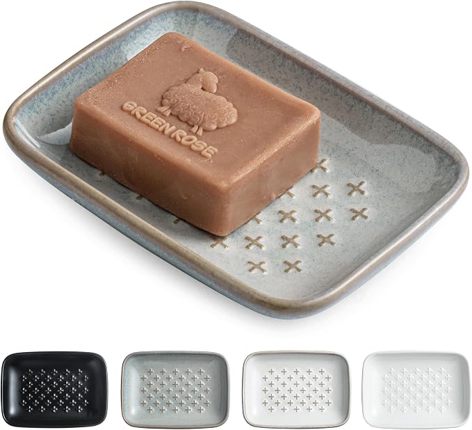 Gomakren Ceramic Soap Dish for Bar Soap 5.5in Cross Soap Saver Tray, Gray | Prevents soggy soap, non-slip bottom, easy to clean, bathroom soap holder, multi-use for sink shower, sponge butter & jewelry