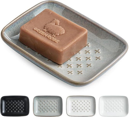 Gomakren Ceramic Soap Dish for Bar Soap 5.5in Cross Soap Saver Tray, Gray | Prevents soggy soap, non-slip bottom, easy to clean, bathroom soap holder, multi-use for sink shower, sponge butter & jewelry