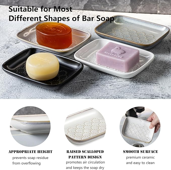 Gomakren Ceramic Soap Dish Bar Soap Holder for Bathroom Kitchen Sink Beige | Keeps soap dry & long-lasting, raised scalloped design, non-slip base, easy to clean, versatile tray counter storage & decor