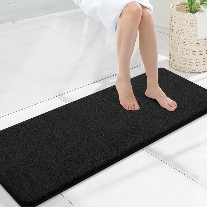Smiry Memory Foam Bath Mat 47x17, Extra Soft Absorbent Bathroom Rugs | Black Quick Dry, Machine Washable Bath Mats for Bathroom, Shower, Tub and Home Decor Accessories